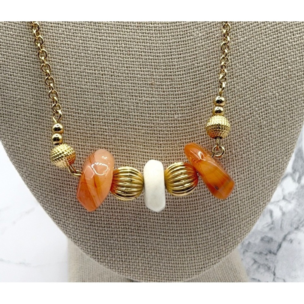 Natural Stone Orange Bead Necklace Gold Spacer‎ 18" Boho Vintage Style